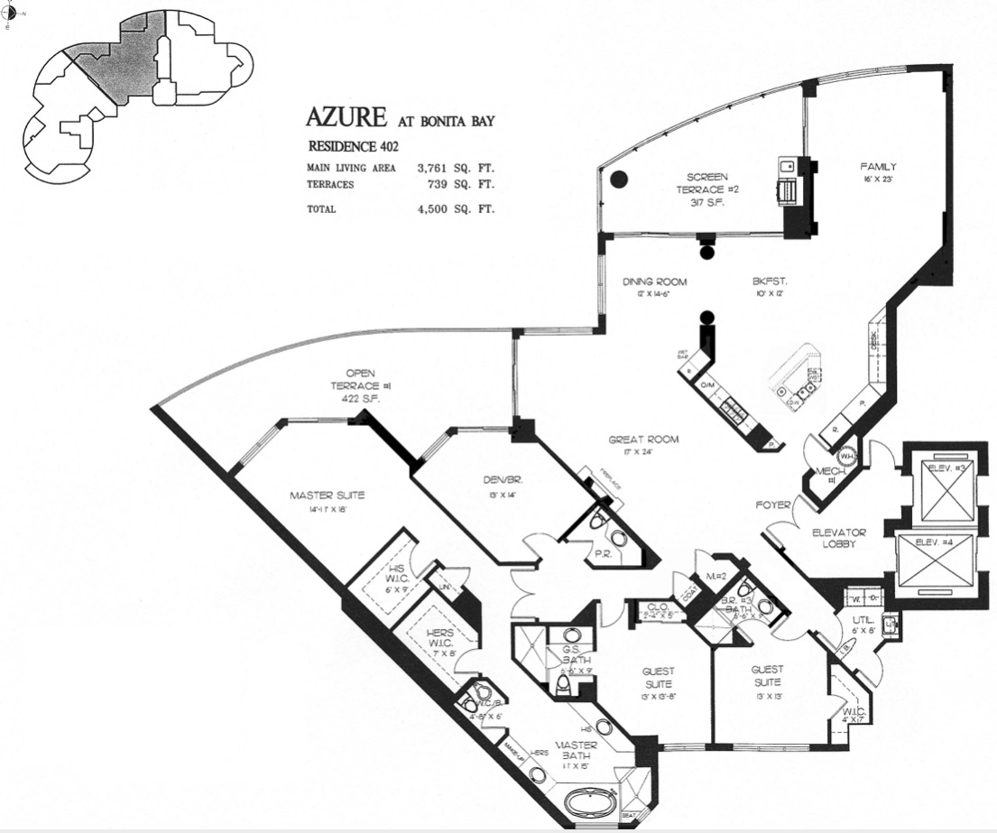 Azure Residence 402 historical floor-plan drawing